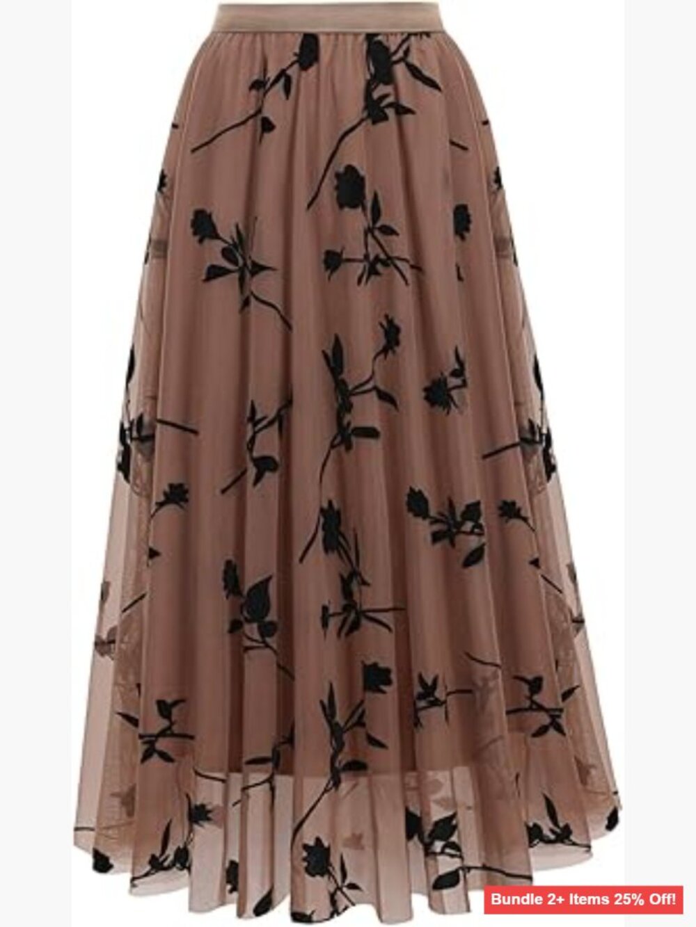 Midi Tulle Skirt High Waist Floral Print A-Line Pleated Flowy Summer